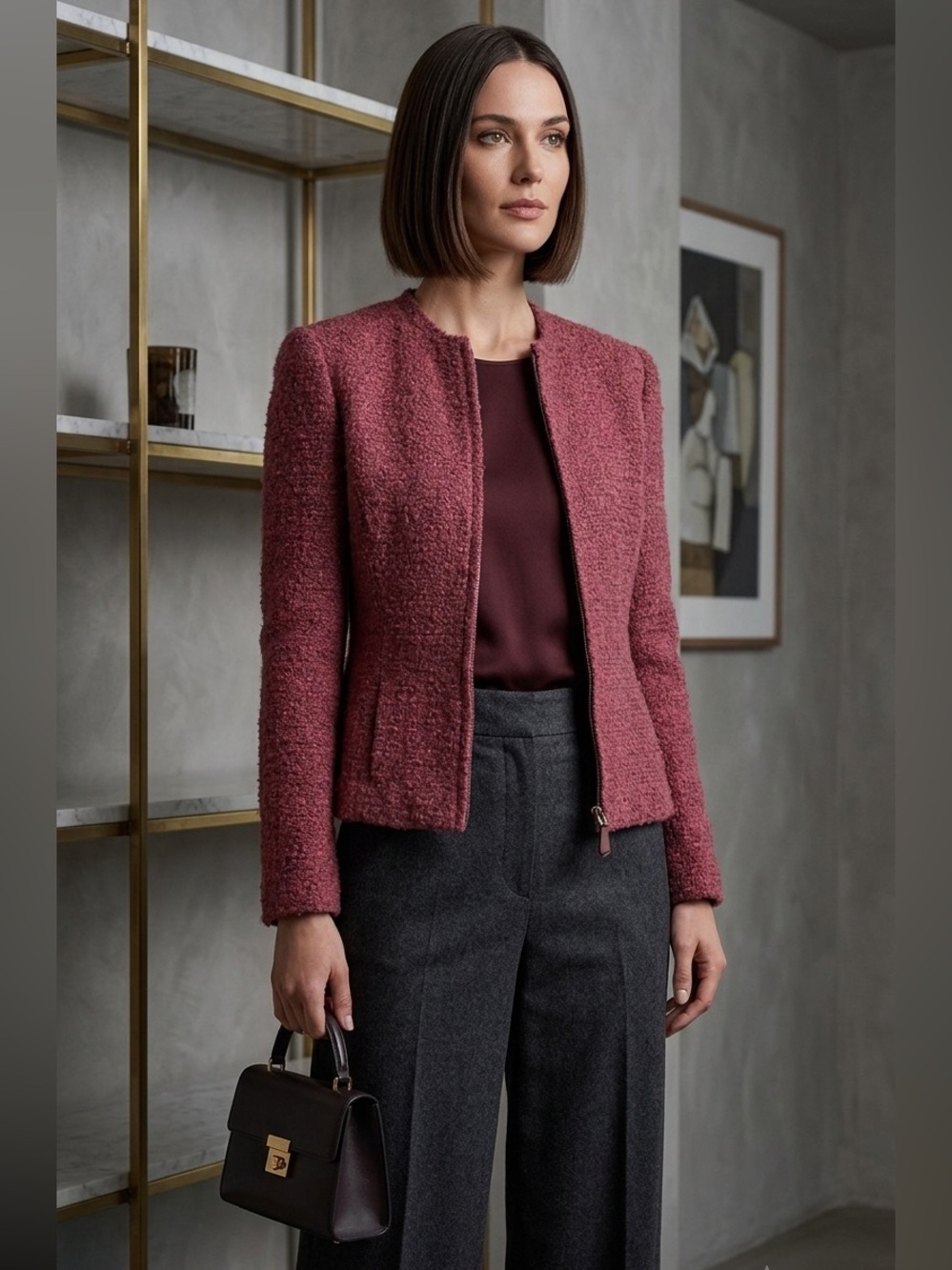 AKRIS Wool Boucle Tweed Jacket Blazer Pink Zip Front size 2 US Fitted‎